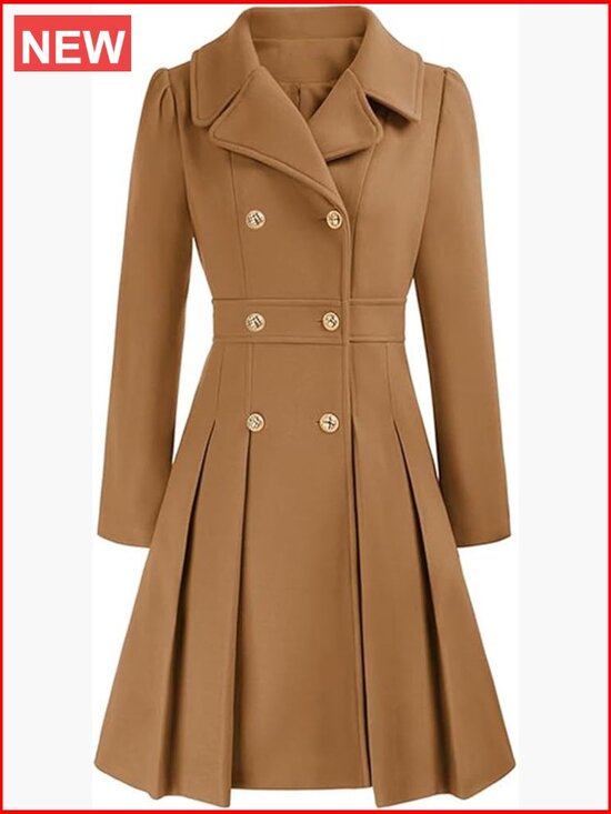 Jackets & Blazers - Double Breasted Pea Coat Notch Lapel A-Line Flared Pleated Wool Blend with
